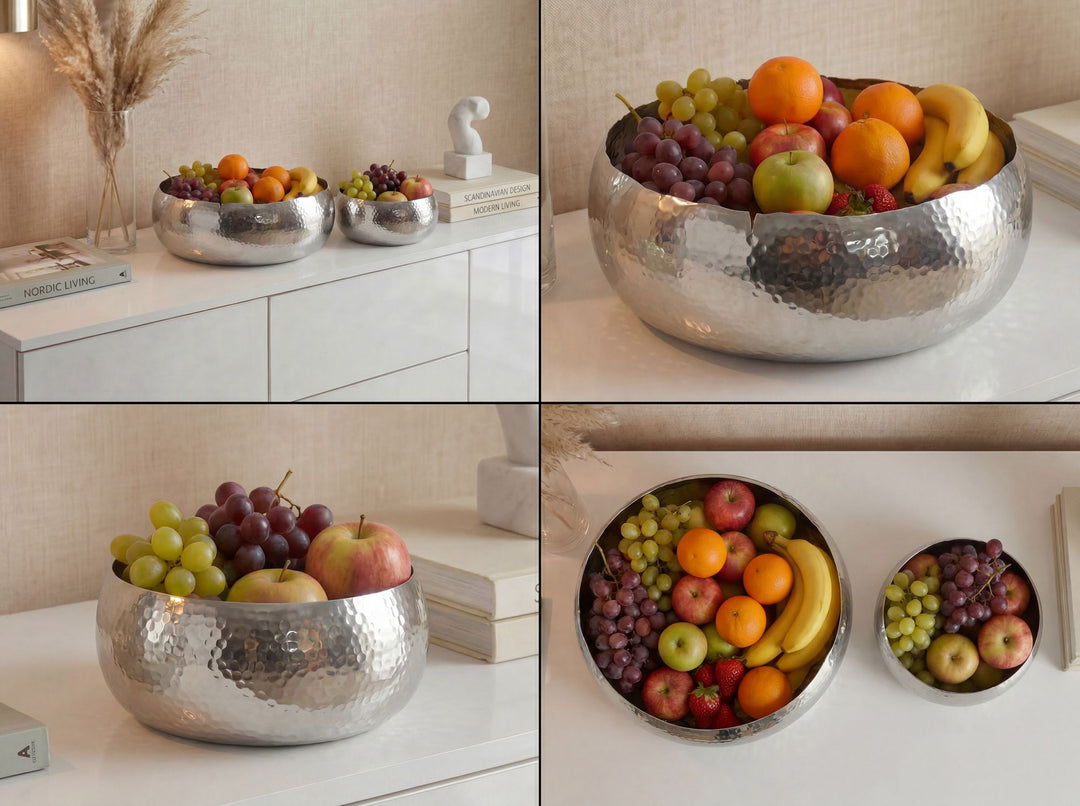 Frugtskåle 2 stk. i sølvfarvet metal 36 cm – runde borddekorationer – moderne frugtskåle med hamret finish i aluminium – elegante håndlavede skåle