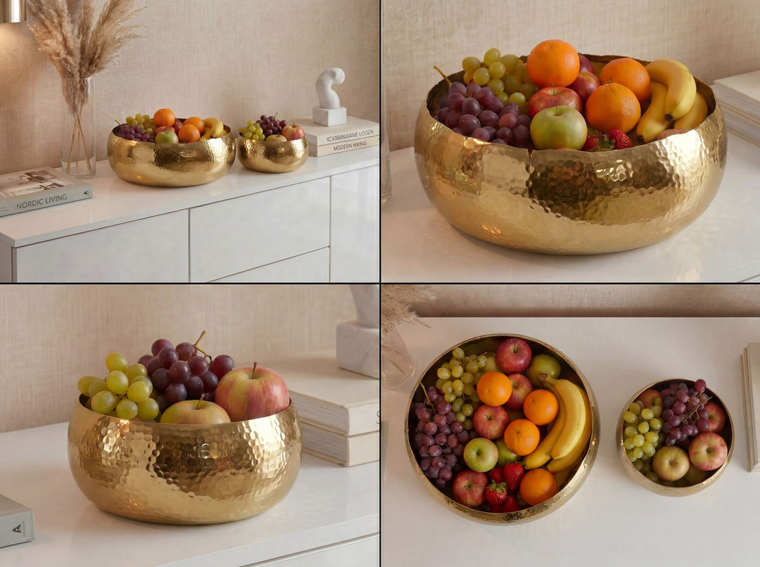 Frugtskåle 2 stk. i guldfarvet metal 36 cm – runde borddekorationer – moderne frugtskåle med hamret finish i aluminium – elegante håndlavede skåle