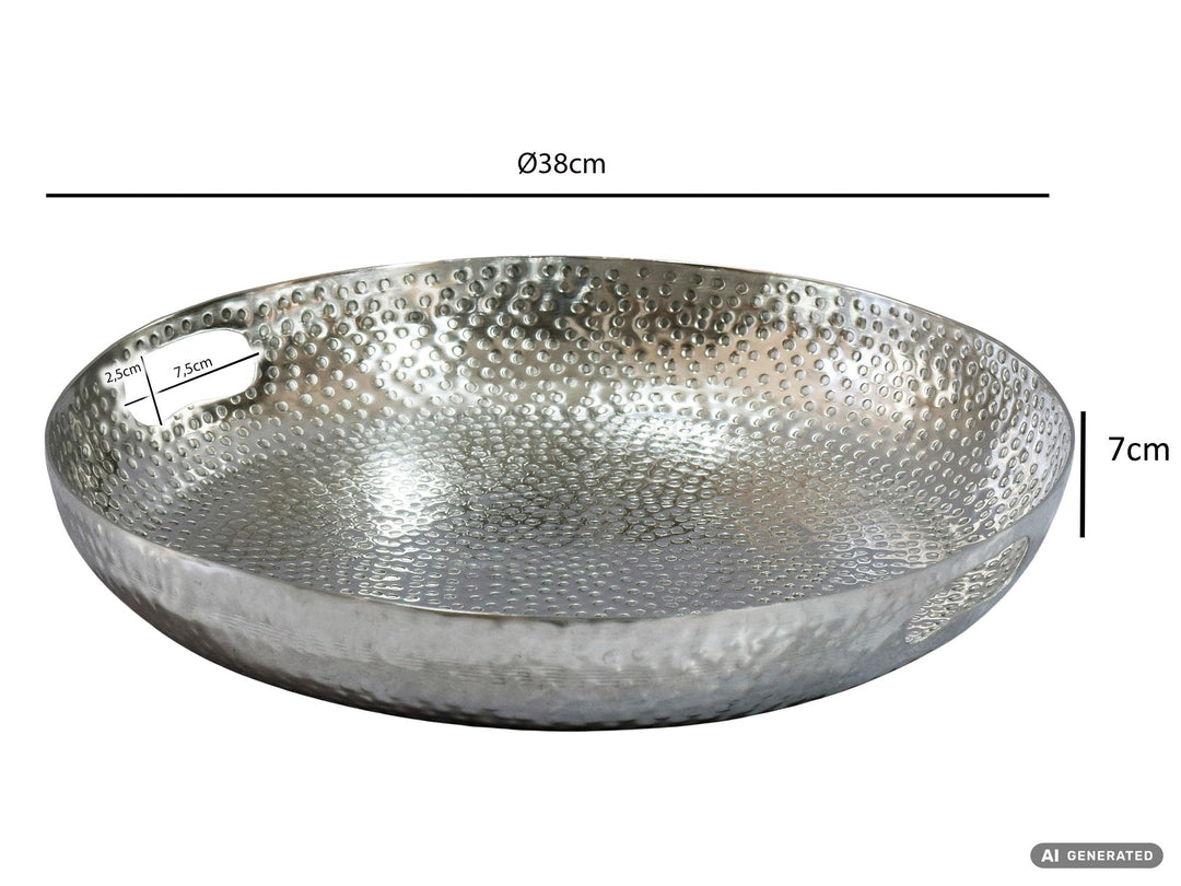 Frugtskål i sølvfarvet metal 38 cm – rund borddekoration – moderne frugtskål med hamret finish i aluminium – elegant dekorationsskål med håndtag – håndlavet