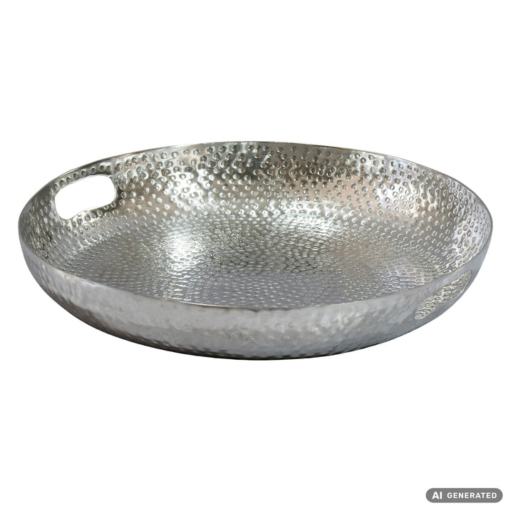 Frugtskål i sølvfarvet metal 38 cm – rund borddekoration – moderne frugtskål med hamret finish i aluminium – elegant dekorationsskål med håndtag – håndlavet