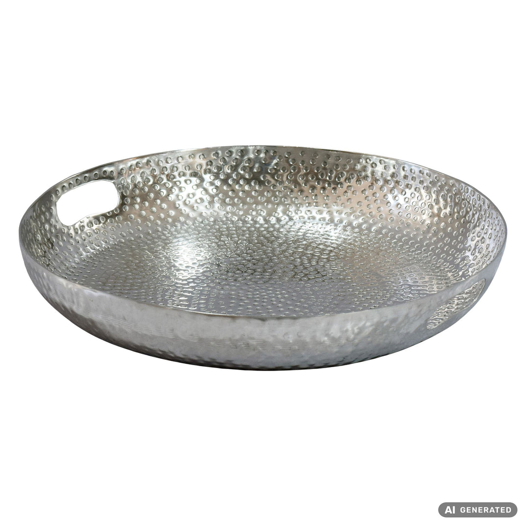 Frugtskål i sølvfarvet metal 38 cm – rund borddekoration – moderne frugtskål med hamret finish i aluminium – elegant dekorationsskål med håndtag – håndlavet