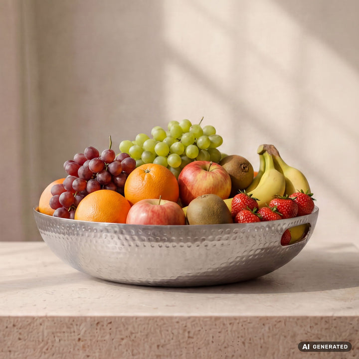 Frugtskål i sølvfarvet metal 38 cm – rund borddekoration – moderne frugtskål med hamret finish i aluminium – elegant dekorationsskål med håndtag – håndlavet