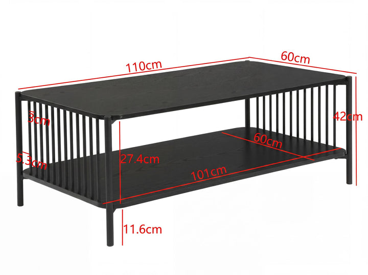 Sofabord i egetræslook med hylde - 110 x 60 cm - Sort metalstel