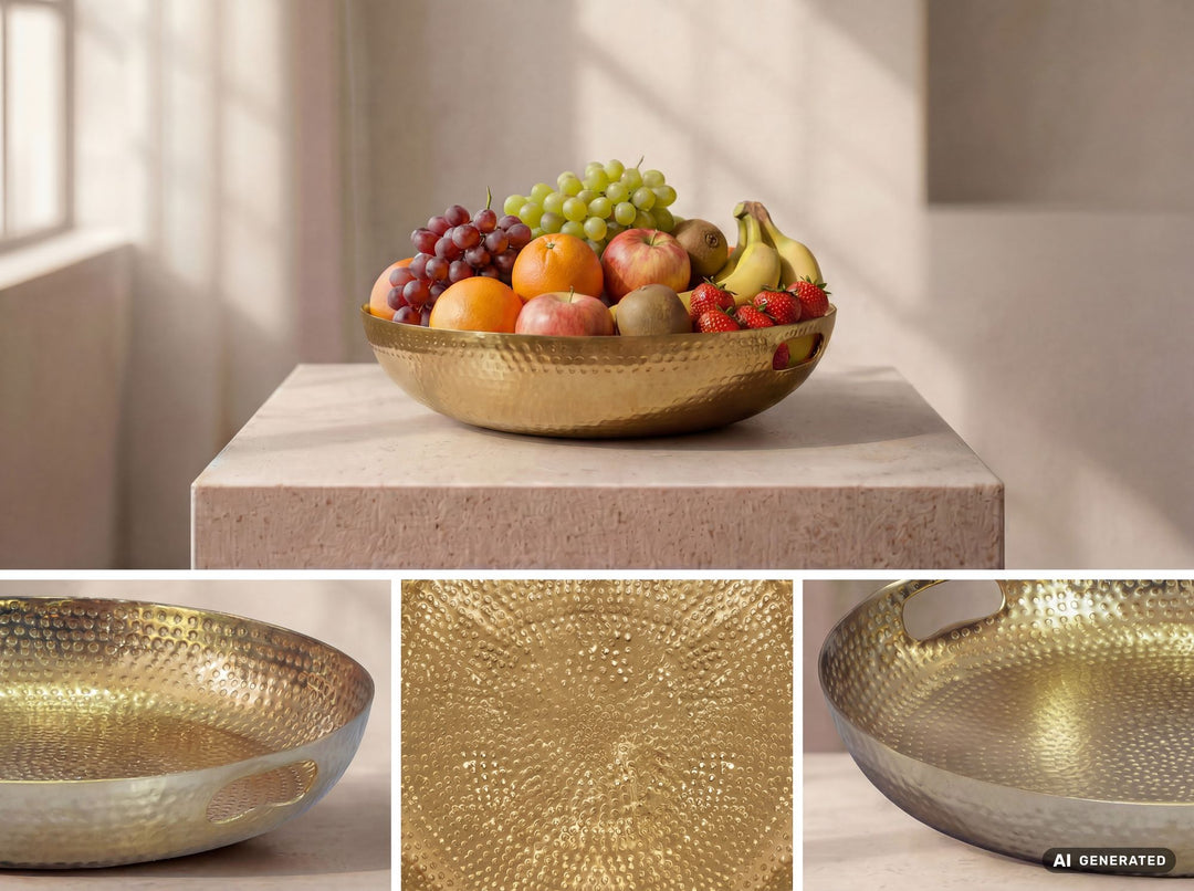 Frugtskål i guldfarvet metal 38 cm – rund borddekoration – moderne frugtskål med hamret finish i aluminium – elegant dekorationsskål med håndtag – håndlavet