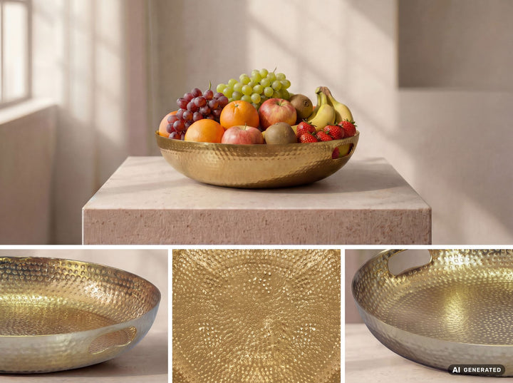 Frugtskål i guldfarvet metal 38 cm – rund borddekoration – moderne frugtskål med hamret finish i aluminium – elegant dekorationsskål med håndtag – håndlavet