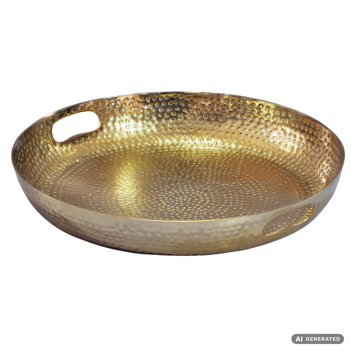 Frugtskål i guldfarvet metal 38 cm – rund borddekoration – moderne frugtskål med hamret finish i aluminium – elegant dekorationsskål med håndtag – håndlavet
