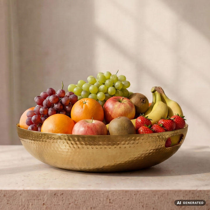 Frugtskål i guldfarvet metal 38 cm – rund borddekoration – moderne frugtskål med hamret finish i aluminium – elegant dekorationsskål med håndtag – håndlavet