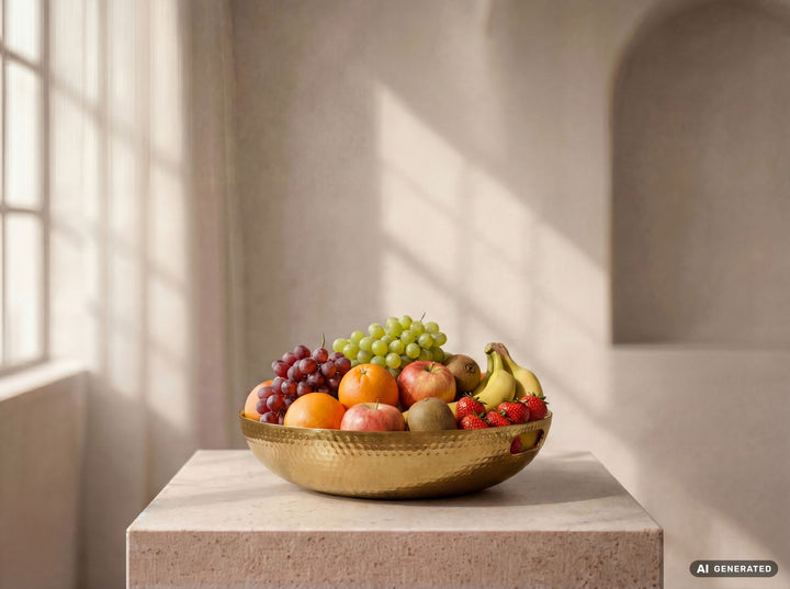Frugtskål i guldfarvet metal 38 cm – rund borddekoration – moderne frugtskål med hamret finish i aluminium – elegant dekorationsskål med håndtag – håndlavet