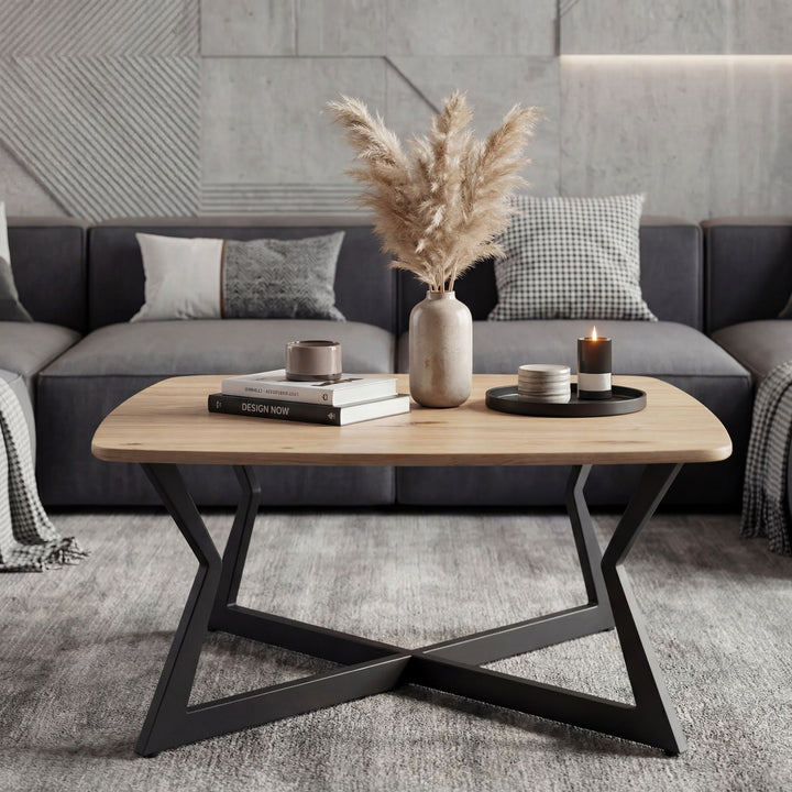 Kvadratisk sofabord i egetræslook - 75 x 75 cm - Sort metalstel