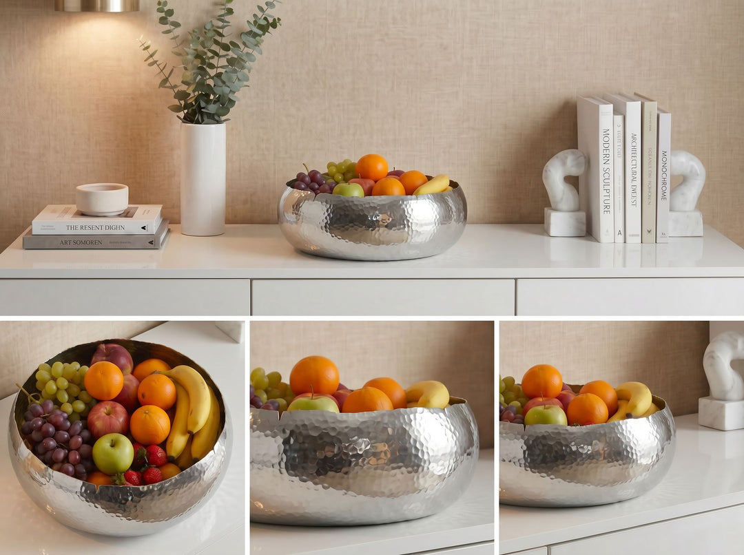 Frugtskål i sølvfarvet metal 35 cm – rund borddekoration – moderne frugtskål med hamret finish i aluminium – elegant håndlavet skål