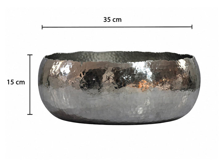Frugtskål i sølvfarvet metal 35 cm – rund borddekoration – moderne frugtskål med hamret finish i aluminium – elegant håndlavet skål