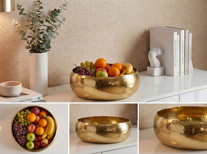 Frugtskål i guldfarvet metal 35 cm – rund borddekoration – moderne frugtskål med hamret finish i aluminium – elegant håndlavet skål
