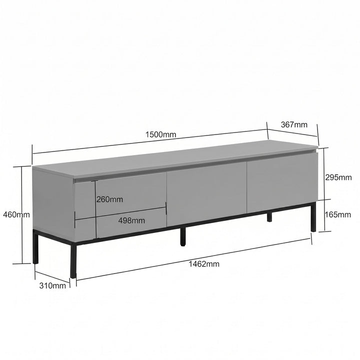 TV-bord i grå med 3 skuffer - 150 cm - Grebsfrit design