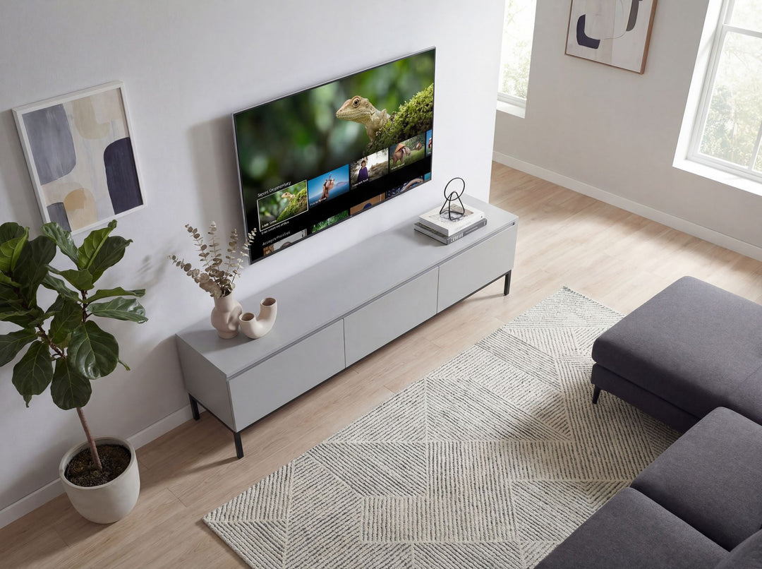 TV-bord i grå med 3 skuffer - 150 cm - Grebsfrit design