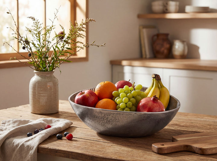 Frugtskål i sølvfarvet metal 30 cm – oval borddekoration – moderne frugtskål med rillet design i aluminium – elegant håndlavet skål