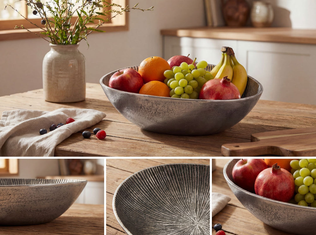 Frugtskål i sølvfarvet metal 30 cm – oval borddekoration – moderne frugtskål med rillet design i aluminium – elegant håndlavet skål