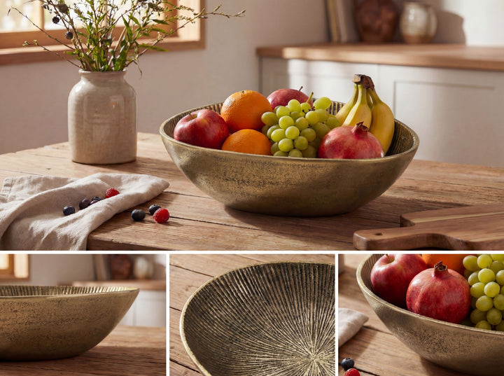 Frugtskål i guldfarvet metal 30 cm – oval borddekoration – moderne frugtskål med rillet design i aluminium – elegant håndlavet skål
