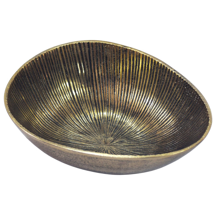 Frugtskål i guldfarvet metal 30 cm – oval borddekoration – moderne frugtskål med rillet design i aluminium – elegant håndlavet skål