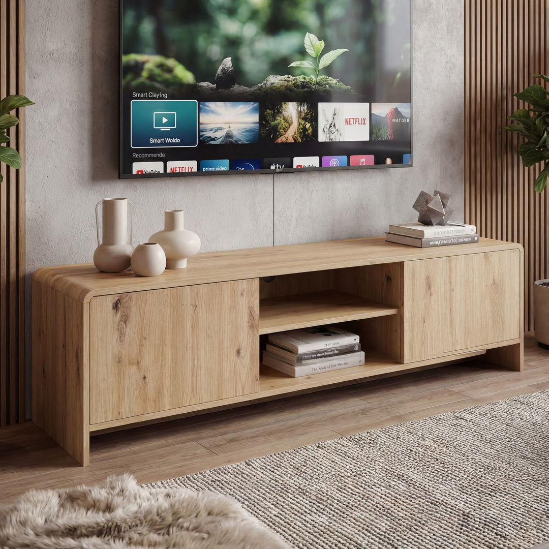 TV-bord i egetræslook med 2 låger og hylde - 155 cm