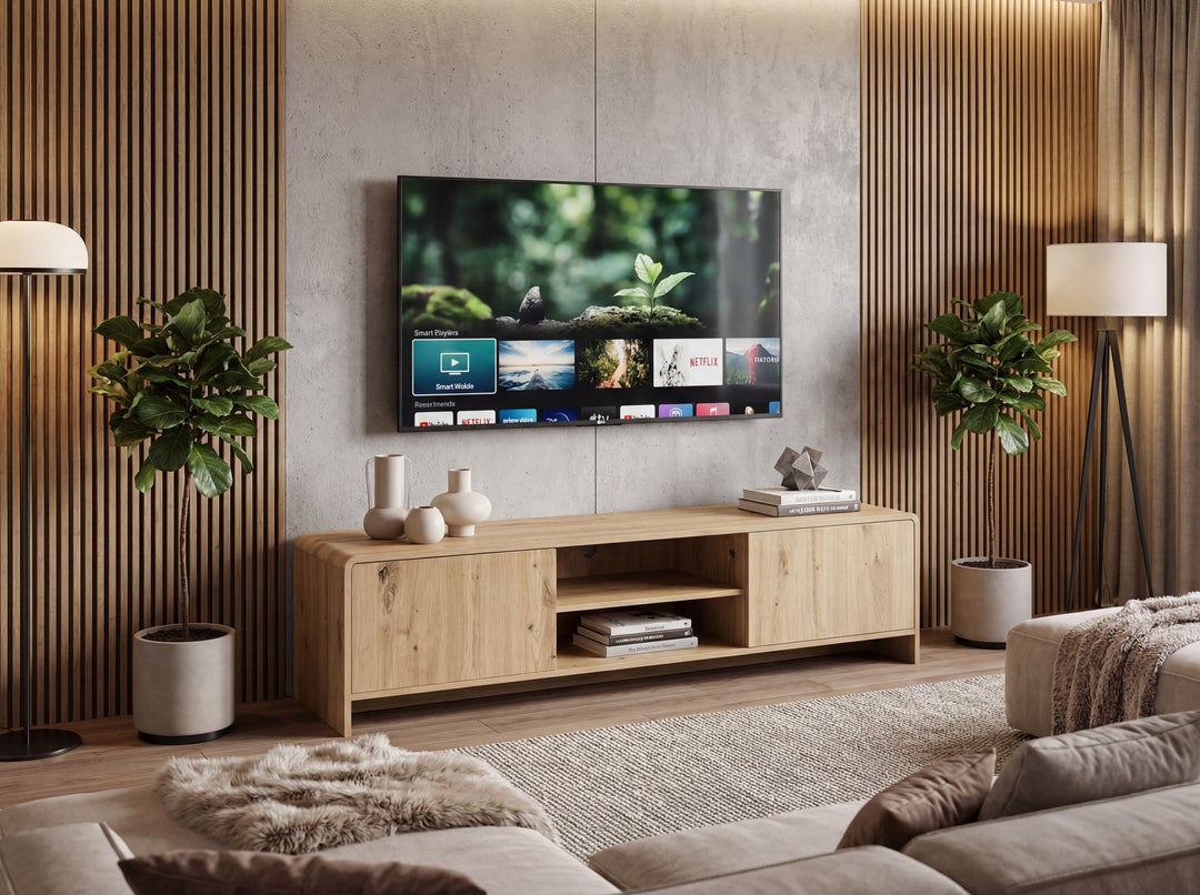 TV-bord i egetræslook med 2 låger og hylde - 155 cm