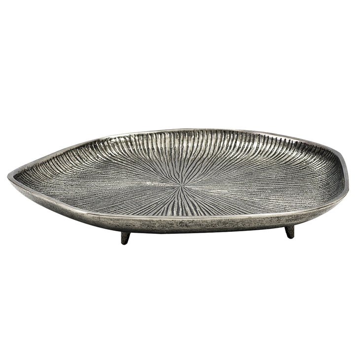 Dekorationsskål i sølvfarvet aluminium 40 cm – organisk designskål i metal – dekorationsfad med ben til bord – smykke- og dekorationsskål – håndlavet boligdekoration