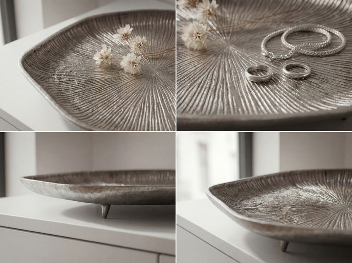 Dekorationsskål i sølvfarvet aluminium 40 cm – organisk designskål i metal – dekorationsfad med ben til bord – smykke- og dekorationsskål – håndlavet boligdekoration