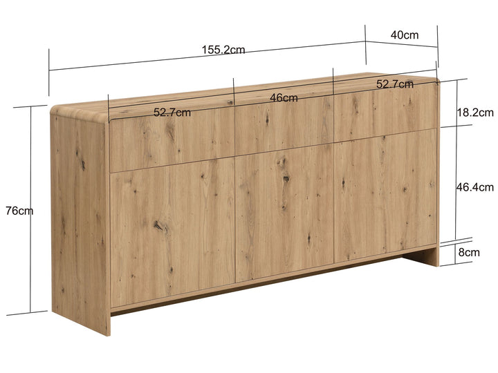 Skænk i egetræslook med 3 låger og 3 skuffer - 155 cm - Push to Open