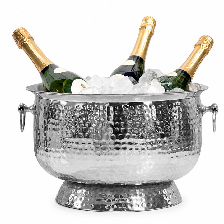 Champagnekøler med hamret finish – XXL flaske- og champagnekøler 37 cm til op til 6 flasker champagne, vin, mousserende vin eller øl – sølvfarvet drikkekøler og isspand – håndlavet