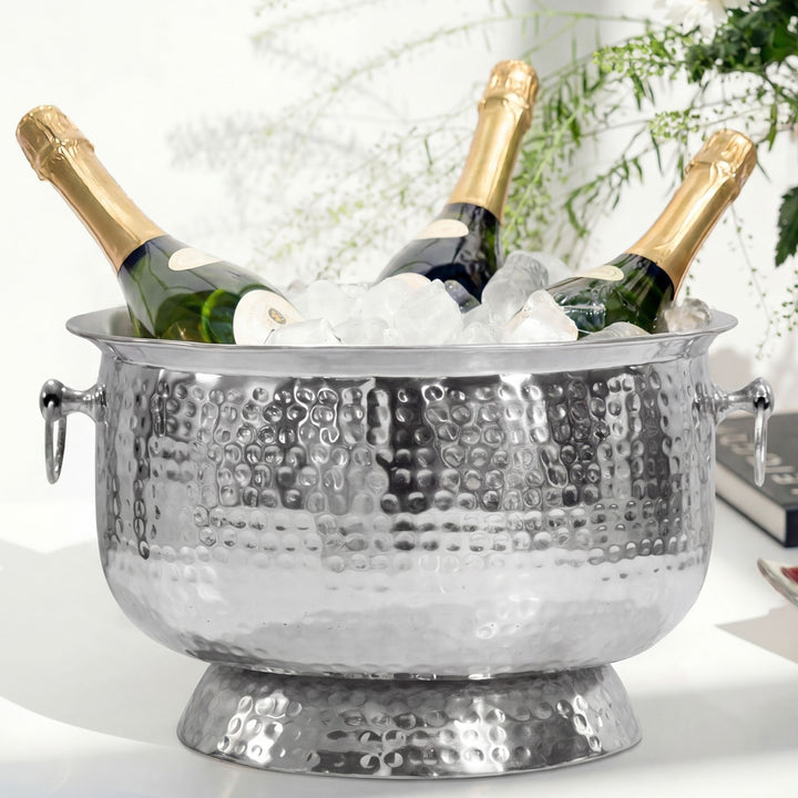 Champagnekøler med hamret finish – XXL flaske- og champagnekøler 37 cm til op til 6 flasker champagne, vin, mousserende vin eller øl – sølvfarvet drikkekøler og isspand – håndlavet