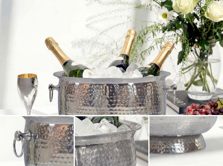 Champagnekøler med hamret finish – XXL flaske- og champagnekøler 37 cm til op til 6 flasker champagne, vin, mousserende vin eller øl – sølvfarvet drikkekøler og isspand – håndlavet