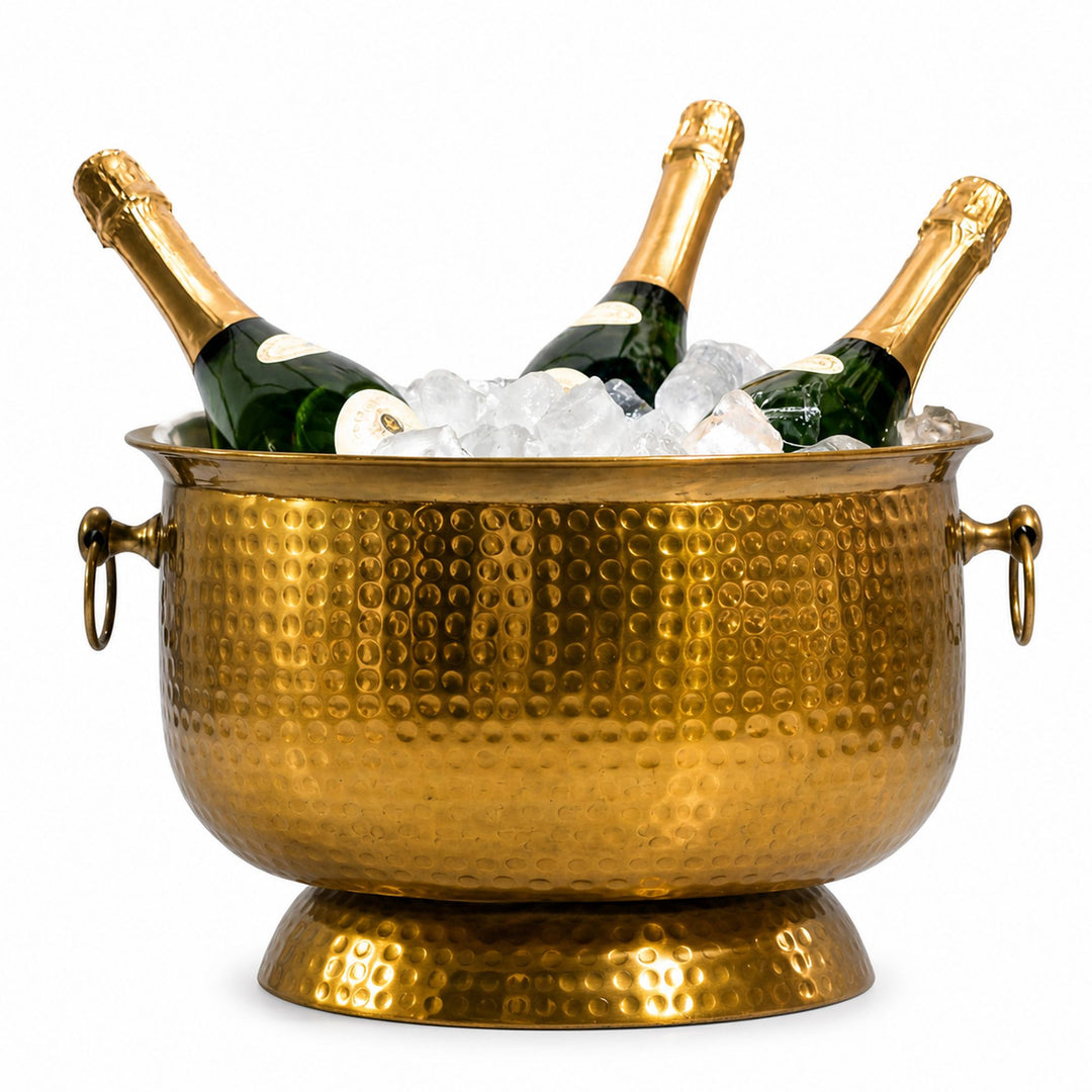Champagnekøler med hamret finish – XXL flaske- og champagnekøler 37 cm til op til 6 flasker champagne, vin, mousserende vin eller øl – guldfarvet drikkekøler og isspand – håndlavet