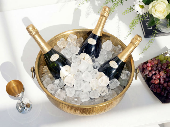 Champagnekøler med hamret finish – XXL flaske- og champagnekøler 37 cm til op til 6 flasker champagne, vin, mousserende vin eller øl – guldfarvet drikkekøler og isspand – håndlavet