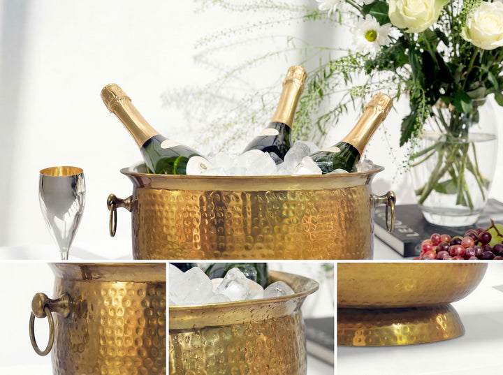 Champagnekøler med hamret finish – XXL flaske- og champagnekøler 37 cm til op til 6 flasker champagne, vin, mousserende vin eller øl – guldfarvet drikkekøler og isspand – håndlavet