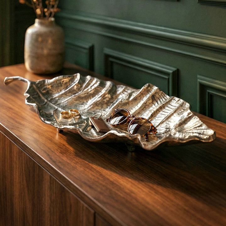 Dekorationsskål i aluminium - Bladdesign - 67 cm - Sølv - Håndlavet