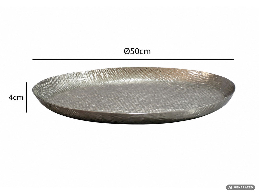Dekorationsskål i sølvfarvet aluminium 50 cm – rund designskål i metal – dekorationsfad til bord – frugtskål og smykkeskål – håndlavet boligdekoration
