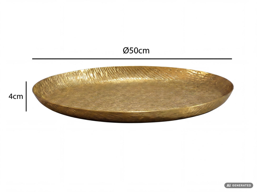 Dekorationsskål i guldfarvet aluminium 50 cm – rund designskål i metal – dekorationsfad til bord – frugtskål og smykkeskål – håndlavet boligdekoration