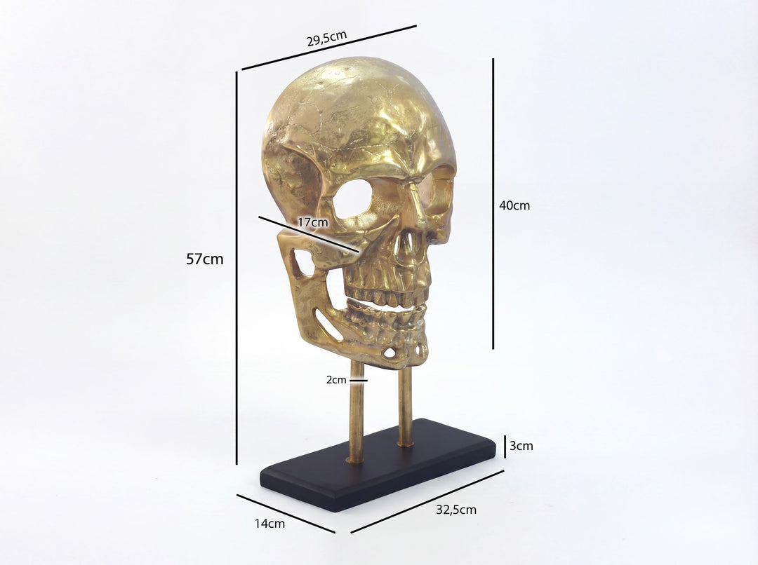 Gulvdekoration kranium i aluminium guld 57 cm – stort dekorativt kranium – moderne stående metaldekoration med stel – håndlavet boligdekoration