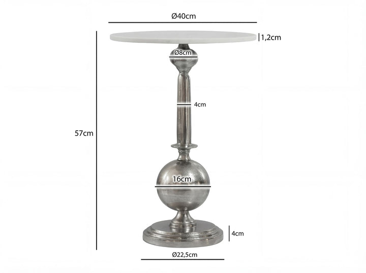 Rundt sidebord med hvid marmorplade og sølvfarvet metalstel - Ø40 cm - Håndlavet