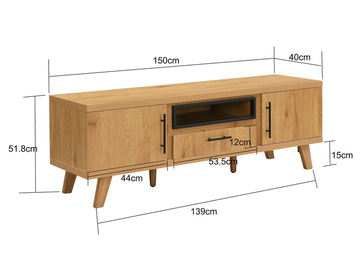 TV-bord i egetræslook med 2 låger og skuffe - 150 cm