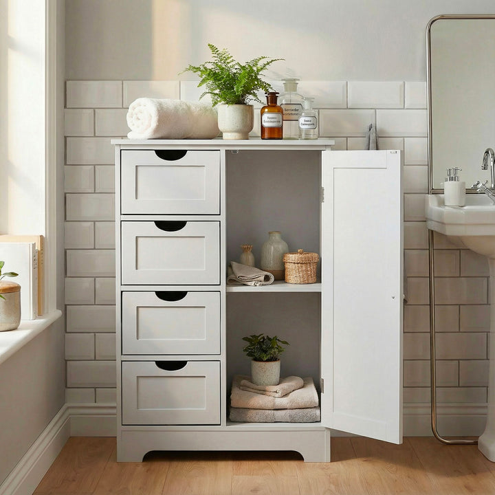 Smalt badeværelsesskab 55x80 cm med wienerfletværk - Badeværelsesskab med dør og 4 skuffer - Badeværelseshylde lavet af lakeret MDF