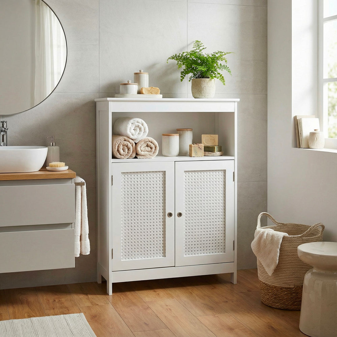 Badeværelsesskab 80 x 60 x 28 cm Hvid - Smalle badeværelsesskabslåger og hylde - Opbevaringsskab i wienerflet