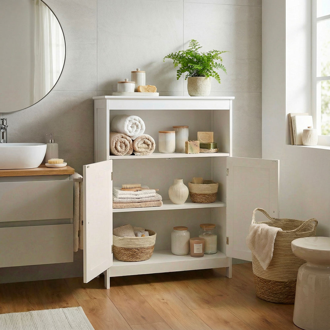 Badeværelsesskab 80 x 60 x 28 cm Hvid - Smalle badeværelsesskabslåger og hylde - Opbevaringsskab i wienerflet