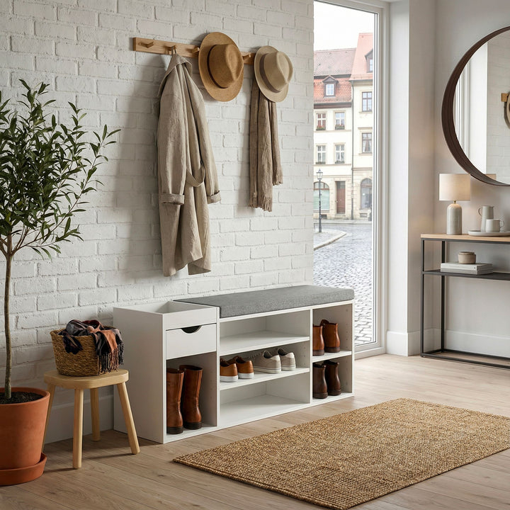 Skobænk Hvid 100 cm med sædehynde - Bænk med skuffe og justerbare hylder