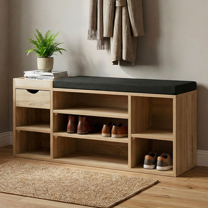 Skobænk Hall Sonoma Oak 100cm med sædehynde - Bænk med skuffe og justerbare hylder - Hallmøbler Skoreol Moderne til entréen