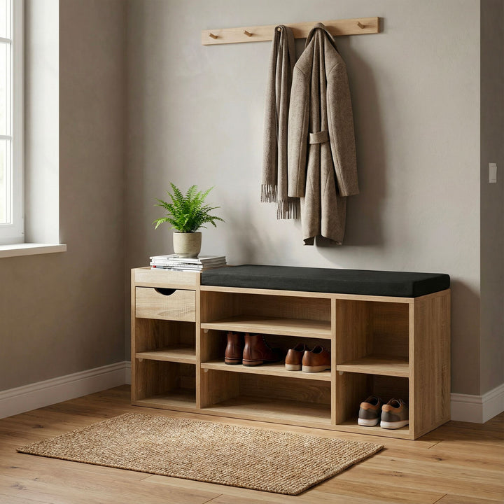 Skobænk Hall Sonoma Oak 100cm med sædehynde - Bænk med skuffe og justerbare hylder - Hallmøbler Skoreol Moderne til entréen