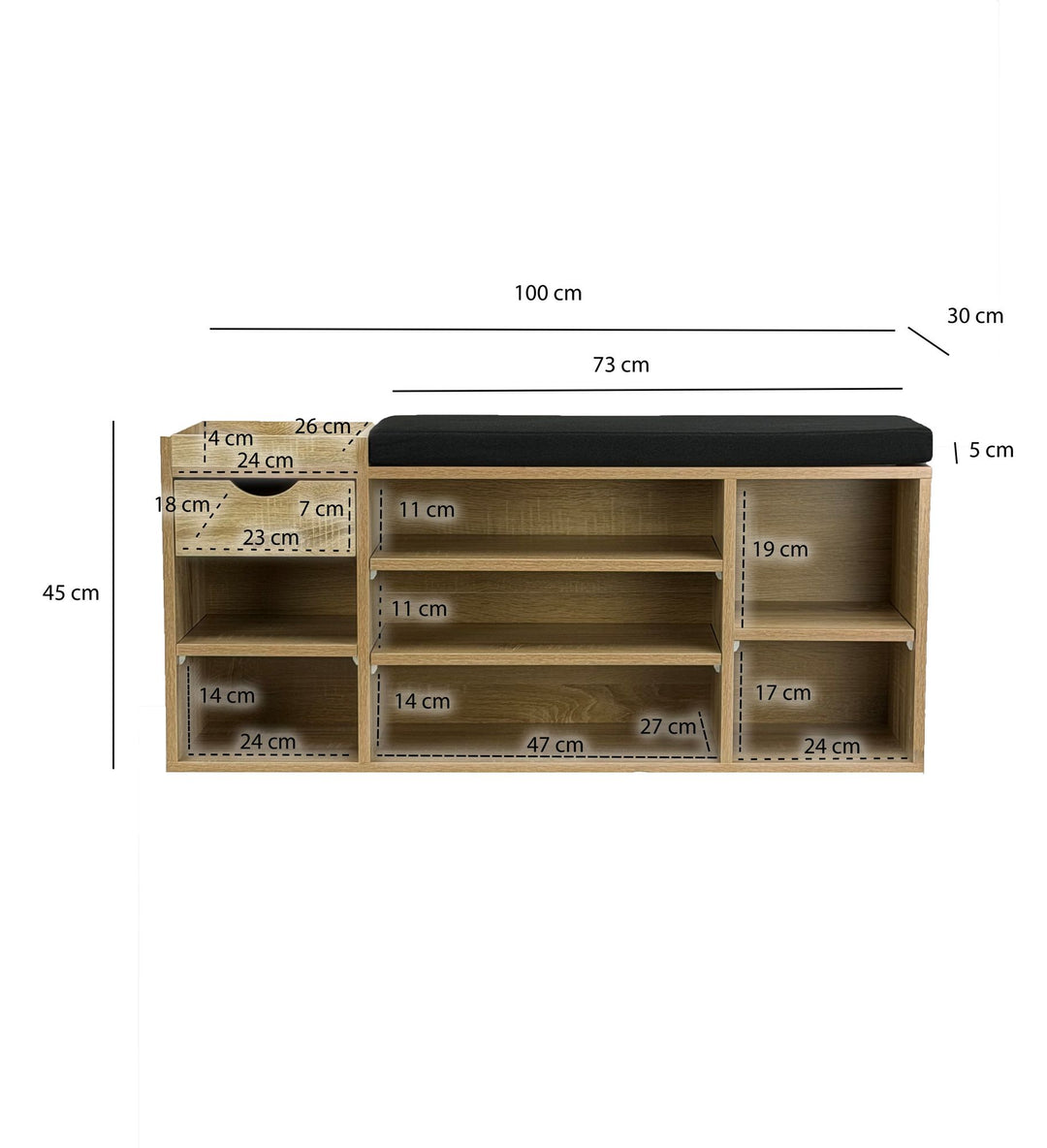 Skobænk Hall Sonoma Oak 100cm med sædehynde - Bænk med skuffe og justerbare hylder - Hallmøbler Skoreol Moderne til entréen