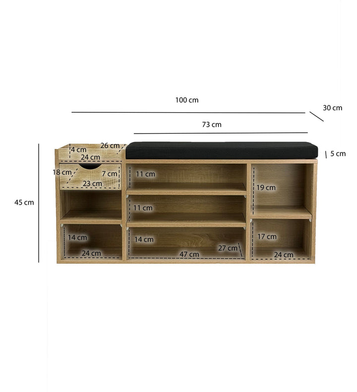 Skobænk Hall Sonoma Oak 100cm med sædehynde - Bænk med skuffe og justerbare hylder - Hallmøbler Skoreol Moderne til entréen