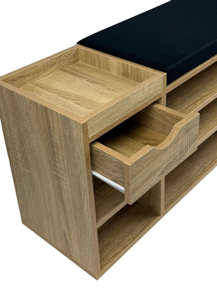 Skobænk Hall Sonoma Oak 100cm med sædehynde - Bænk med skuffe og justerbare hylder - Hallmøbler Skoreol Moderne til entréen