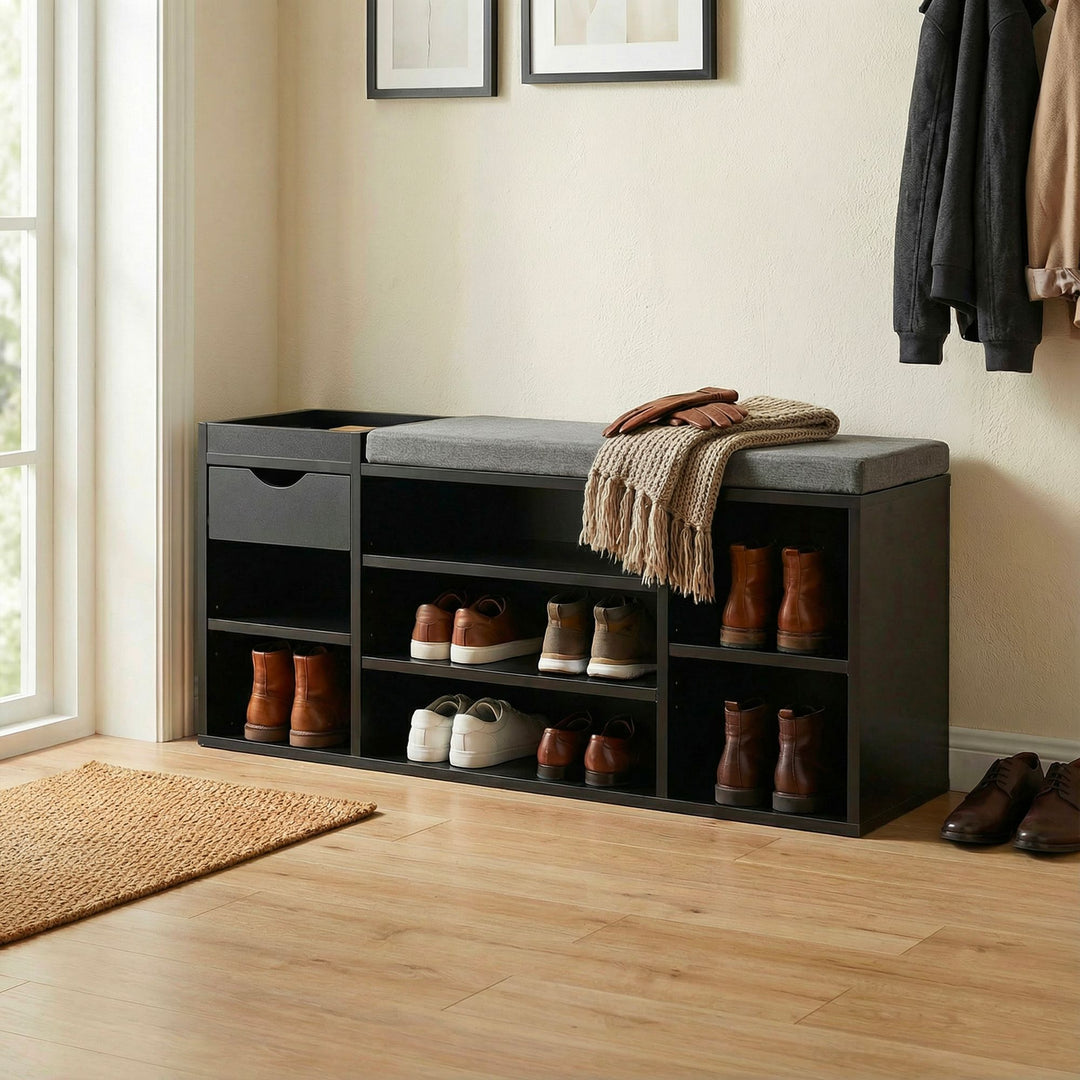 Sort skobænk til entré 100 cm med sædehynde - Bænk med skuffe og justerbare hylder