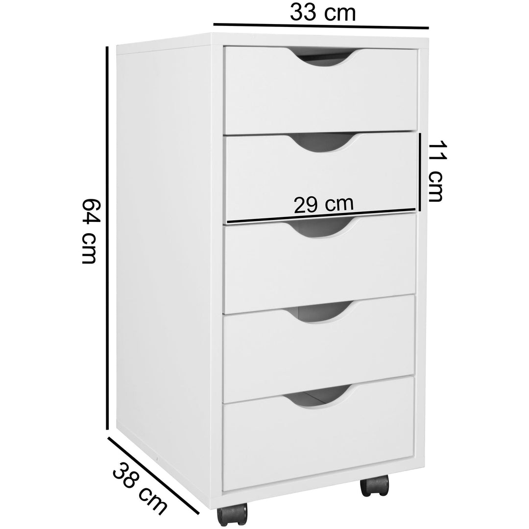 Hvid rullecontainer med 5 skuffer - Skrivebordscontainer i spånplade - Melaminbelagt skuffecontainer - Mobilt kontormøbel